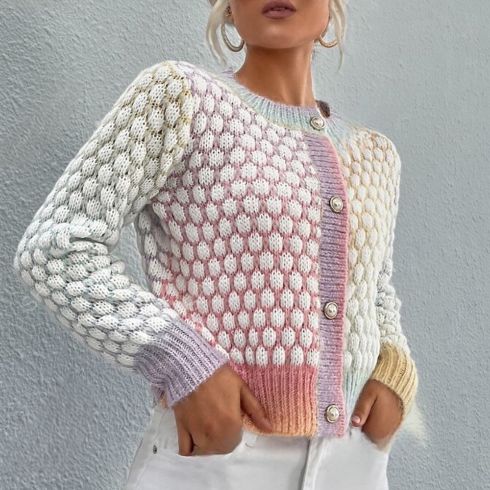 Ombre Pattern Cable Knit Drop Shoulder Sweater Ca… - image 4